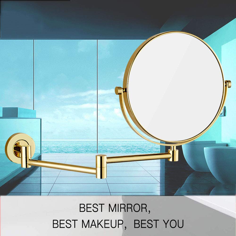 Espejo de maquillaje montado en la pared, espejo de baño de pared con lupa, extensible de dos caras, giratorio de 360 grados, acero inoxidable, para baño, 8 pulgadas (dorado 5x)