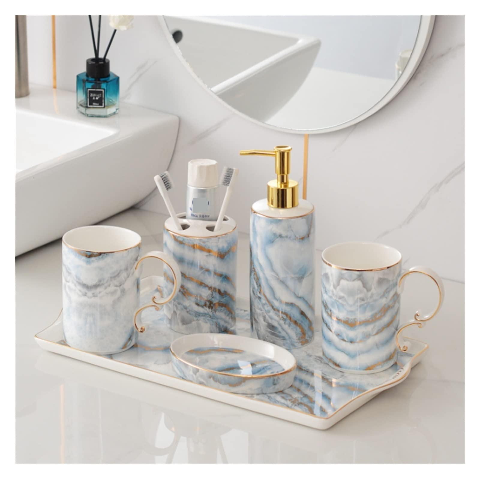Zestaw Akcesoriów łazienkowych Ceramiczny Zestaw Akcesoriów Łazienkowych Moda Marmurowy Wzór Zestaw Łazienkowy W Stylu Europejskim Na Prezent Na Parapetówkę Zestaw łazienkowy (Size : D)