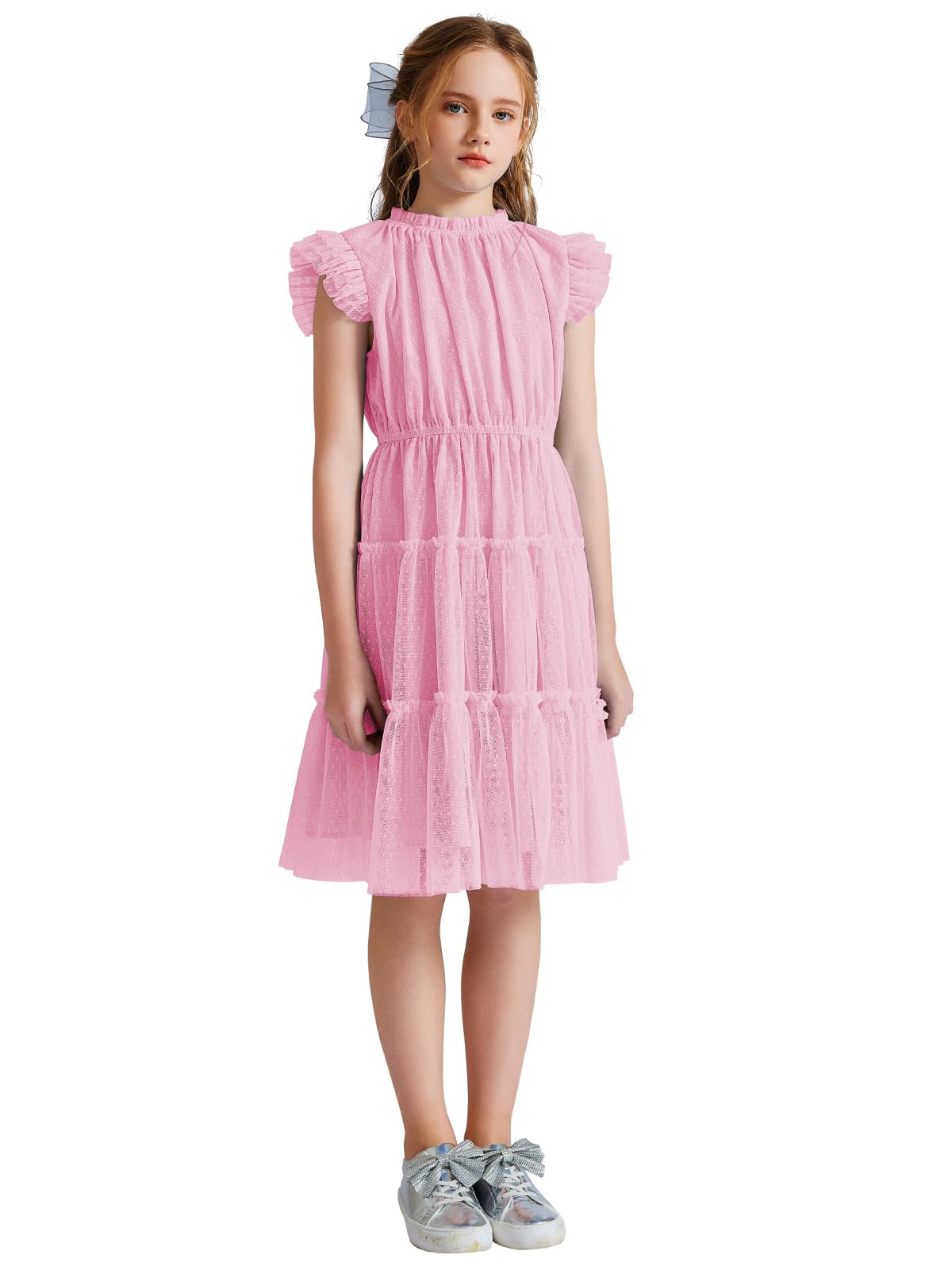 Quedoris Mädchen Tüllkleid, elastischer Hals und Taille, drei Schichten, Rüschenärmel, gestufter Rock, Party, Freizeitkleid