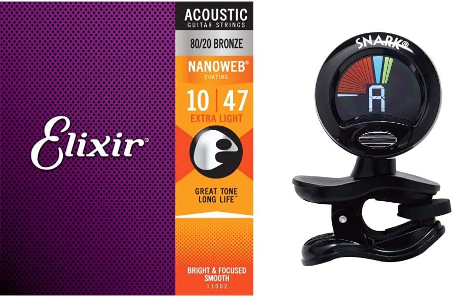 Elixir Acoustic Guitar Strings with NANOWEB Coating - Extra Light (.010-.047) | Snark SN5X Clip-On Tuner