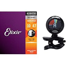 Elixir Acoustic Guitar Strings with NANOWEB Coating - Extra Light .010-.047 | Snark SN5X Clip-On Tuner