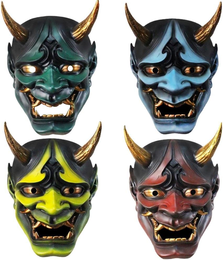 Japanese Evil Demon Kabuki Hannya Mask, Decorative Cosplay Halloween Oni Samurai Kabuki Prajna Devil Mask, Japanese Hannya Mask, Samurai Demon Oni Face Cover, Halloween Cosplay Horror Face Cover (A)