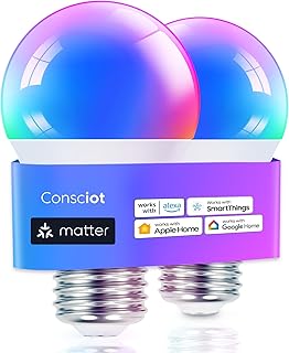 Consciot Matter WiFi Smart Light Bulbs Works with Alexa/Google Home/Apple Home/Siri/SmartThings, RGBTW Color Changing LED Light Bulb That Music Sync, A19 E26 60W Equi, 2.4Ghz WiFi&Bluetooth, 2 Pack