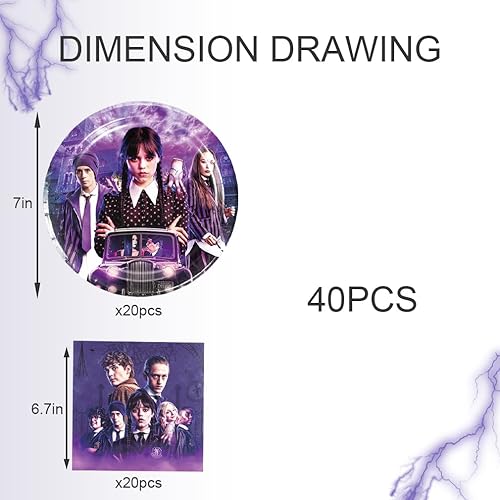 Miniatura 2 de Accro Xtrem 40 piezas de suministros de fiesta de Wednesday Addams, incluyendo 20 platos y 20 servilletas para decoraciones de fiesta temática de