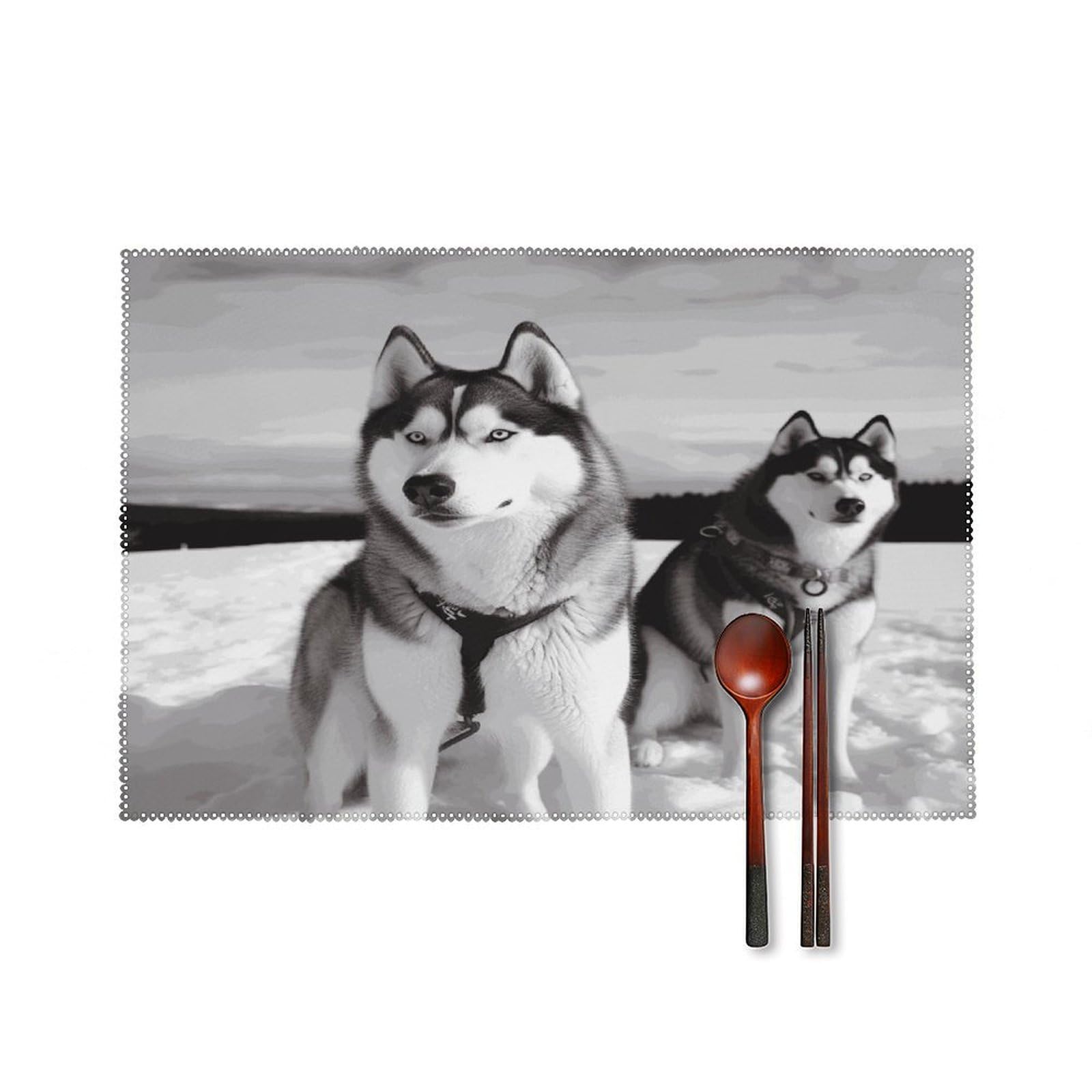 Btcowzrv Style Husky Dogs Snow Canvas Placemats Set Of 6, Wipeable Washable Place Mats For Indoor & Outdoor, Table Mat Decor For Kitchen Dining Party