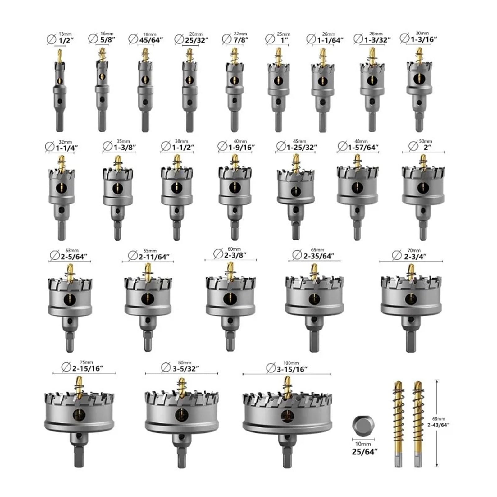 Juego De 26 Sierras De Corona De Carburo, Con 2 Brocas Adicionales, Corta Eficazmente Metal, Hierro Y Acero Inoxidable.