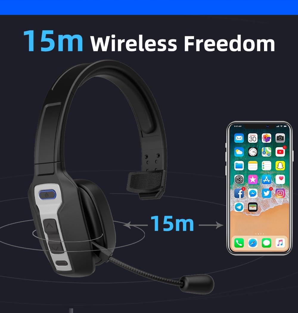 Bluetooth Headset with Microphone,Noise Cancelling with Mute Button, Very Strong Wireless Range, All-Day Comfort On Ear Headphones 60 Hrs Working time for Trucker/Work/PC/Call Center/Meeting/Office