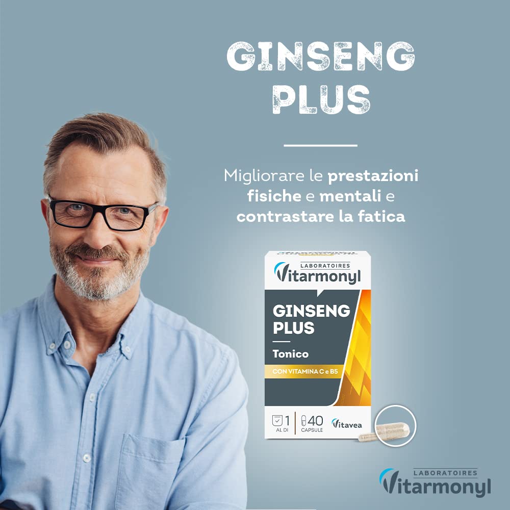 Ginseng Plus - Tonico - Integratore Alimentare a base di Estratto di Ginseng, Vitamina C e B5 - Contro la Stanchezza - Per migliorare le Prestazioni - 40 Capsule - Vitarmonyl