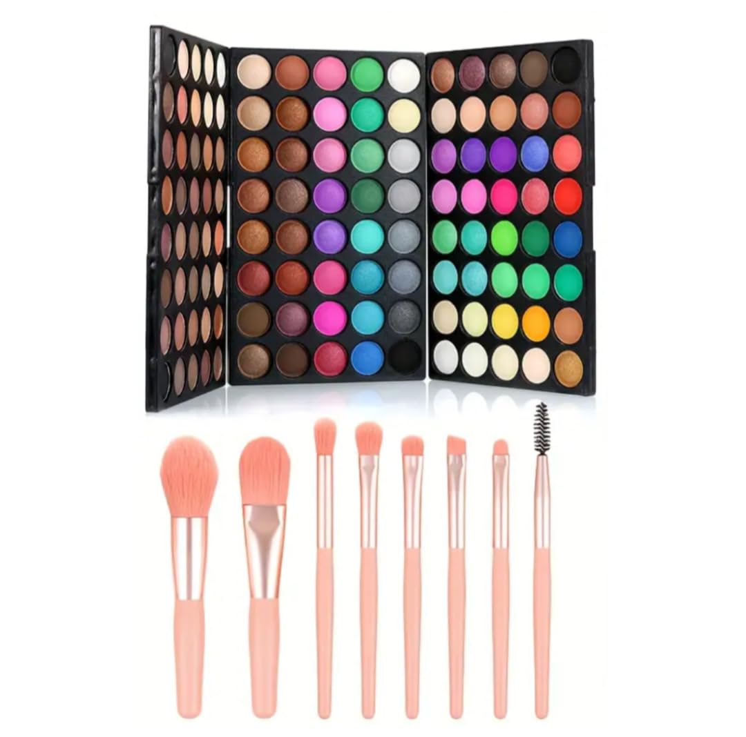 120 Colors Eyeshadow Palette with 8pcs Pink Makeup Brushes Set Matte Shimmer Highly Pigmented Long Lasting Waterproof Eye Shadow Kit, Carnival/Mardi Gras/Masquerade.