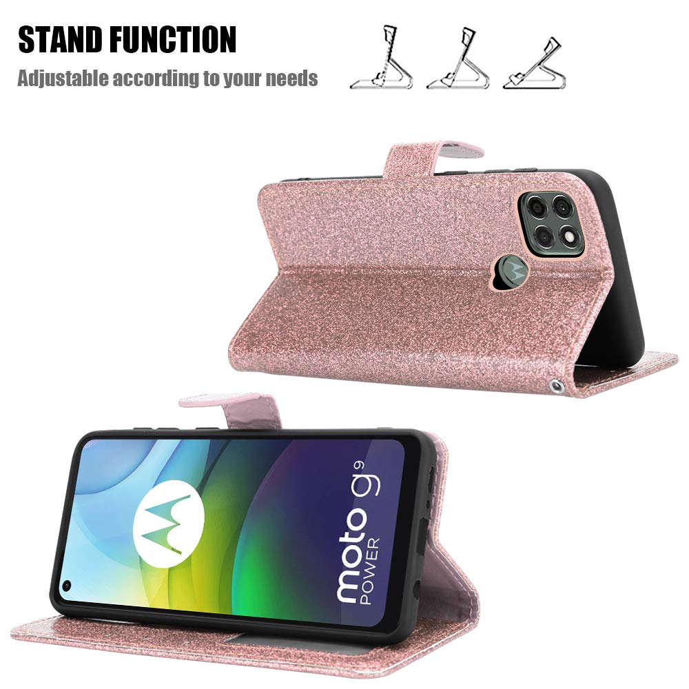 Custodia IPEAK A Libro Con Glitter E Porta Carte Per Motorola Moto G9 Power – Colore Rosa Oro