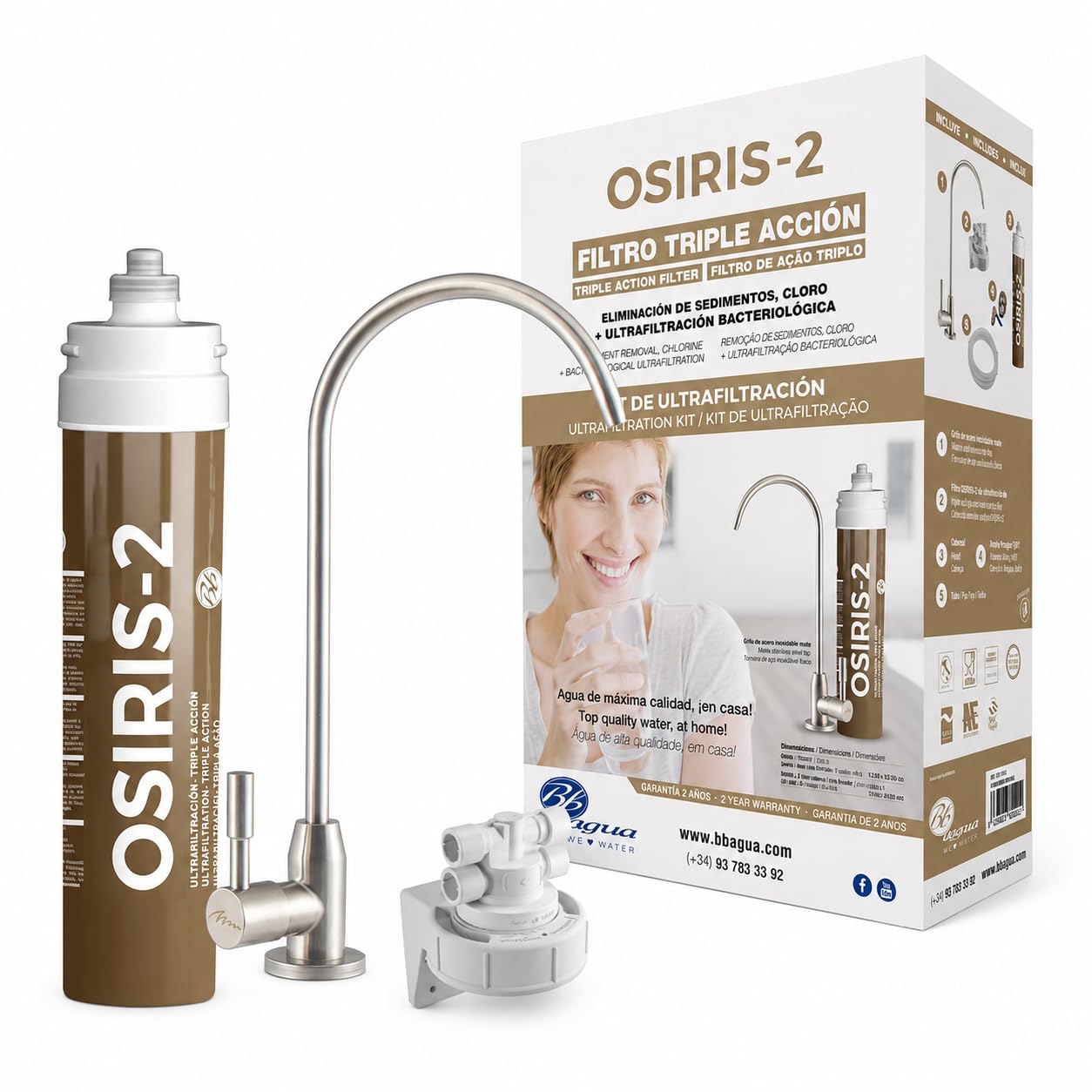 Dreifach-Unterbau-Wasserfilter mit Wasserhahn. Osiris-2. Reduziert Chlor, Geschmacks- und Geruchsstoffe aus dem Wasser. Beseitigt Sedimentation. Beseitigt Bakterien zu 99,99%. Bbagua.