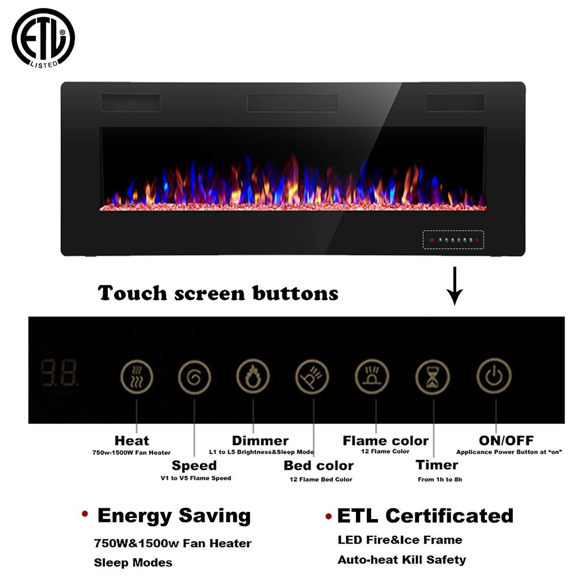 R.W.FLAME 50 inch Recessed and Wall Mounted,The Thinnest Electric Fireplace,Low  Noise, Fit for 2 x 4 and 2 x 6 Stud, Remote Control with Timer,Touch  Screen,Adjustable Flame Color and Speed : Amazon.ca: