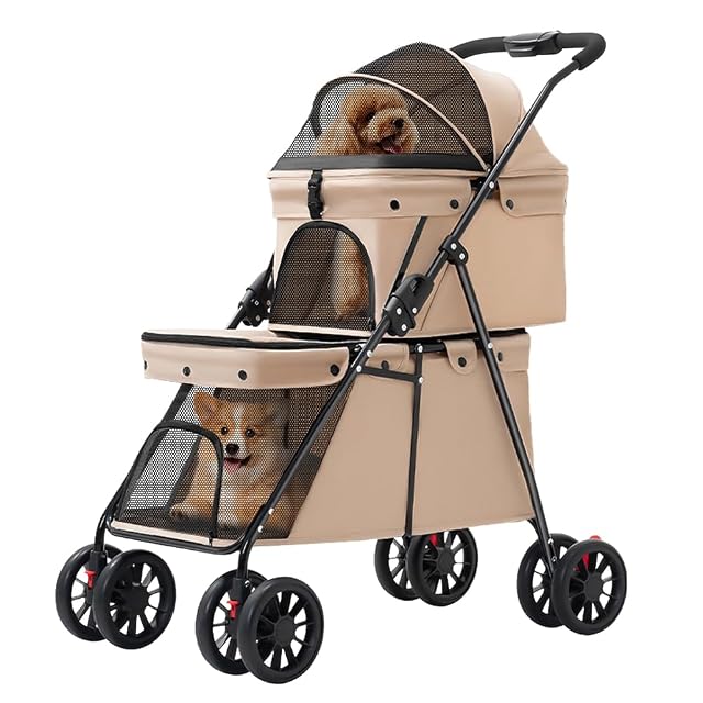 3 en 1 cochecito plegable de 2 niveles para perro gato, 2 bolsas, ventana de malla, ruedas con frenos