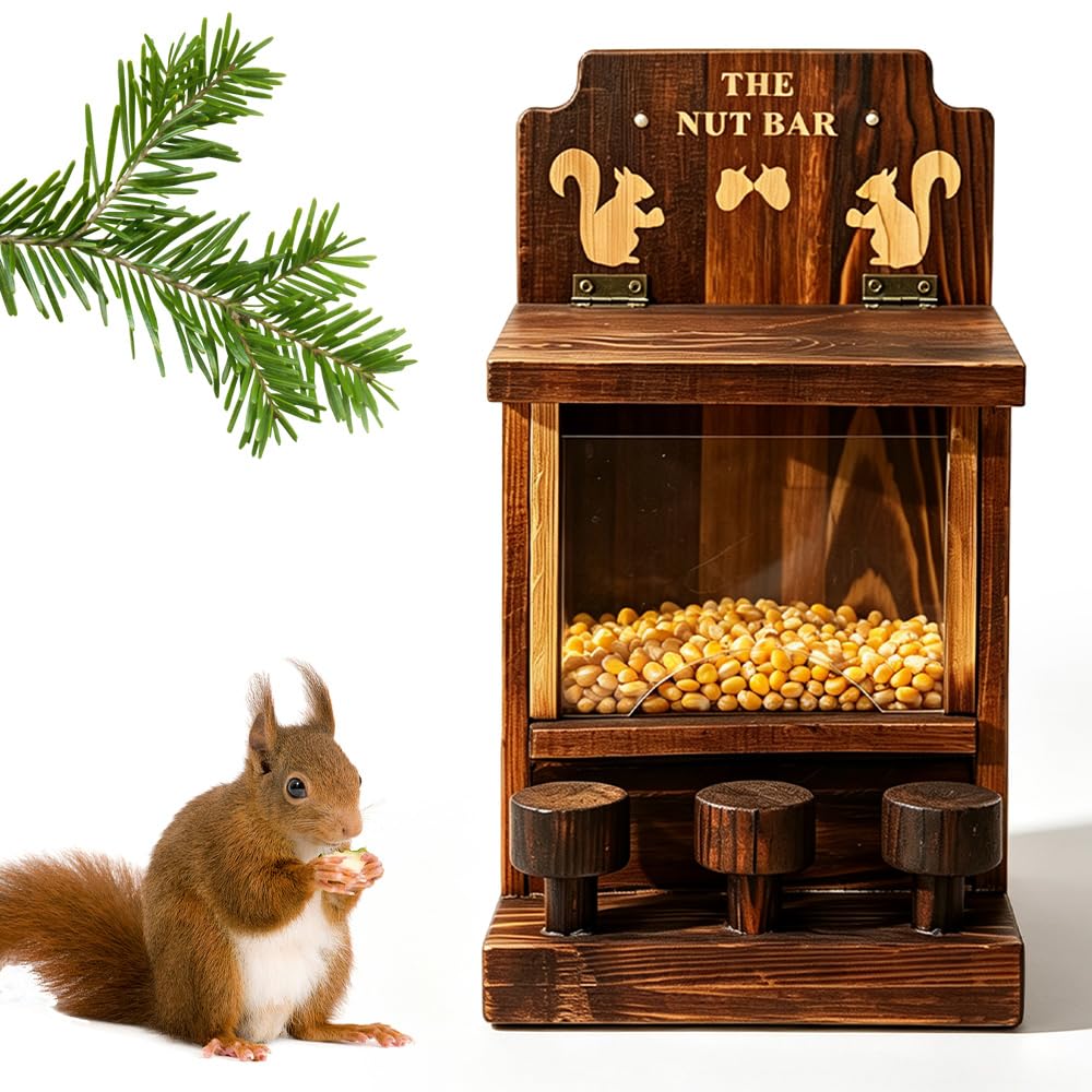 BIZOI Wooden Squirrel Feeder, Squirrel Food House with 3 Stools and Clear Window Feeding Station, Nut Bar Squirrel Feeder with Lift up Lid, Chipmunk House Box for Outside Garden Yard, Backyard