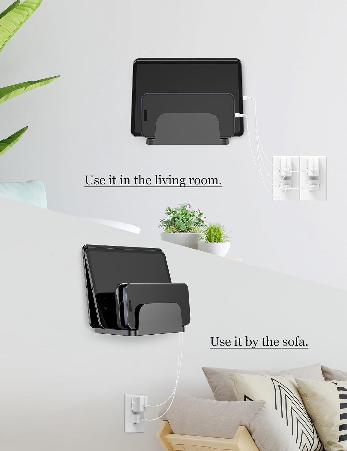 Wall Mount Phone Holder for Smartphones and Tablets, Phone Shelf with 4-Slot Docking Station Compatible with Tablet, ipad, Kindle Wall Charging Organizer (Black)