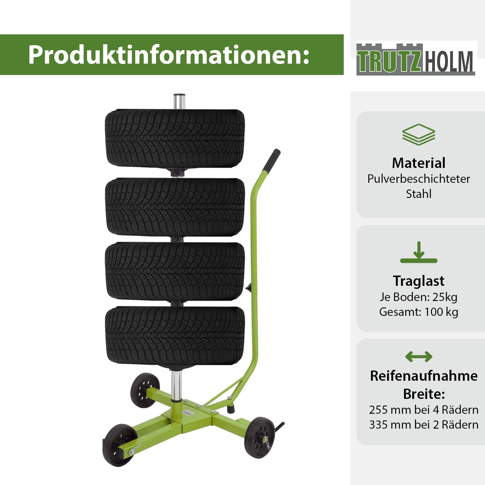 TRUTZHOLM Felgenbaum Felgenbaumwagen fahrbar bis 255 mm Reifenbreite 60x83x119 cm Reifenständer Reifenwagen Felgenständer