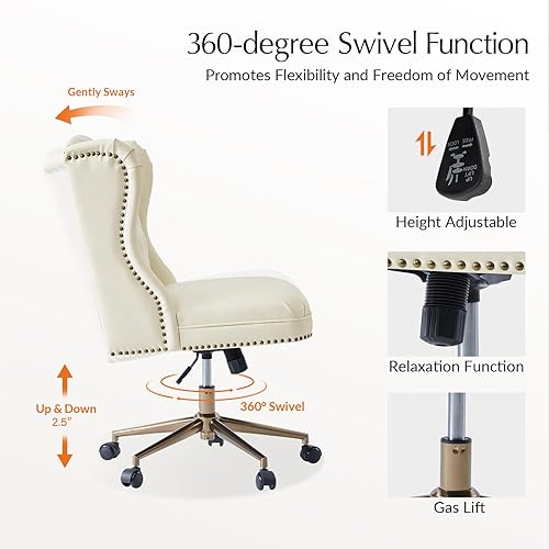 Miniatura 4 de HULALA HOME Silla de escritorio moderna de piel sintética con respaldo de botón copetudo, silla giratoria ajustable para computadora con ribete de