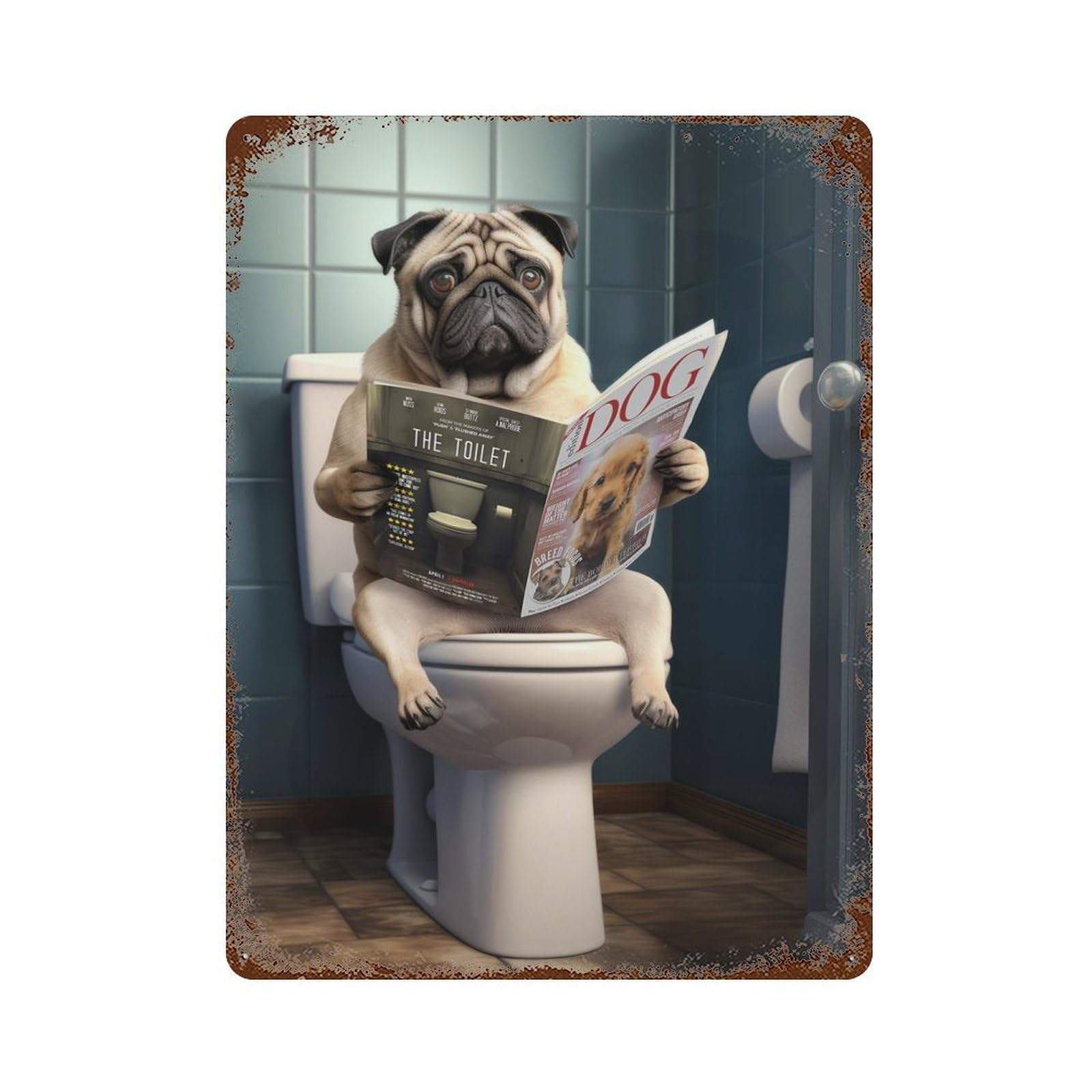 Garage Style Pug Dog on The Toilet Vintage Rust Metal Sign 15.7"x11.8", Rustic Home Decor for Bar And Workshop