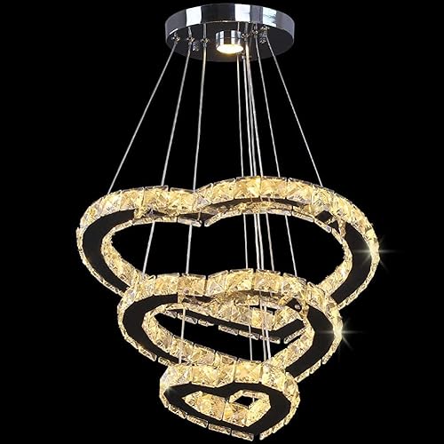 Winretro Moderno candelabro de cristal de 2 anillas, iluminación colgante LED, lámparas cromadas de montaje empotrado para sala de estar, comedor,