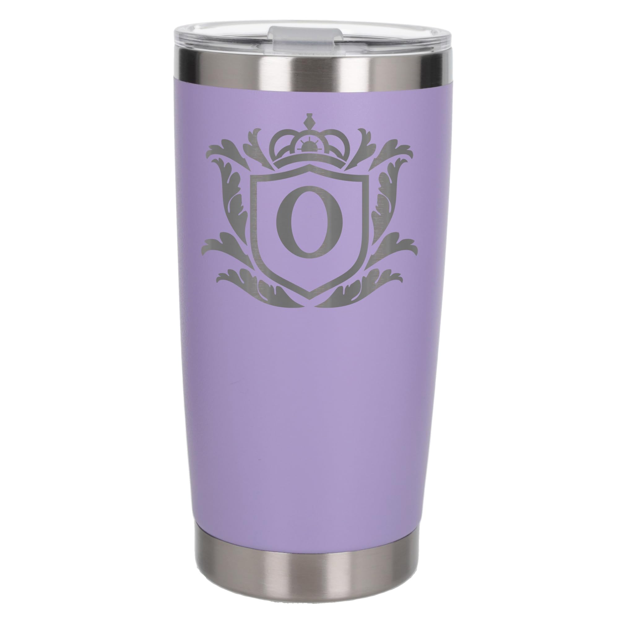 Customised Gifts 500ml Engraved Shield Initial Monogram Insulated Personalised Lavender Travel Mug for Men and Women - Personalised Initial Coffee Travel Mug for Hot and Cold Beverages, Letter O