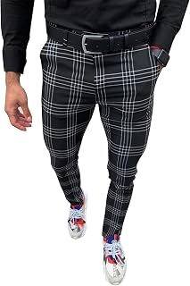 Percle Men's Slim Fit Stretch Plaid Dress Pants - Comfortable Business Casual Golf Chinos Grey