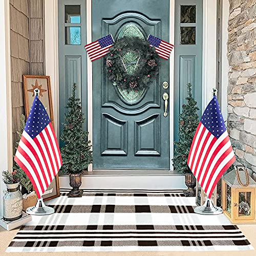 Buffalo Plaid Outdoor Rug Doormat 2 x4.3  Cotton Woven Black and Off White Checkered Rugs Runner Washable Stripe Area Rug Indoor Outdoor Carpet Layered Door Mat for Farmhouse Living Room Porch Bedroom
