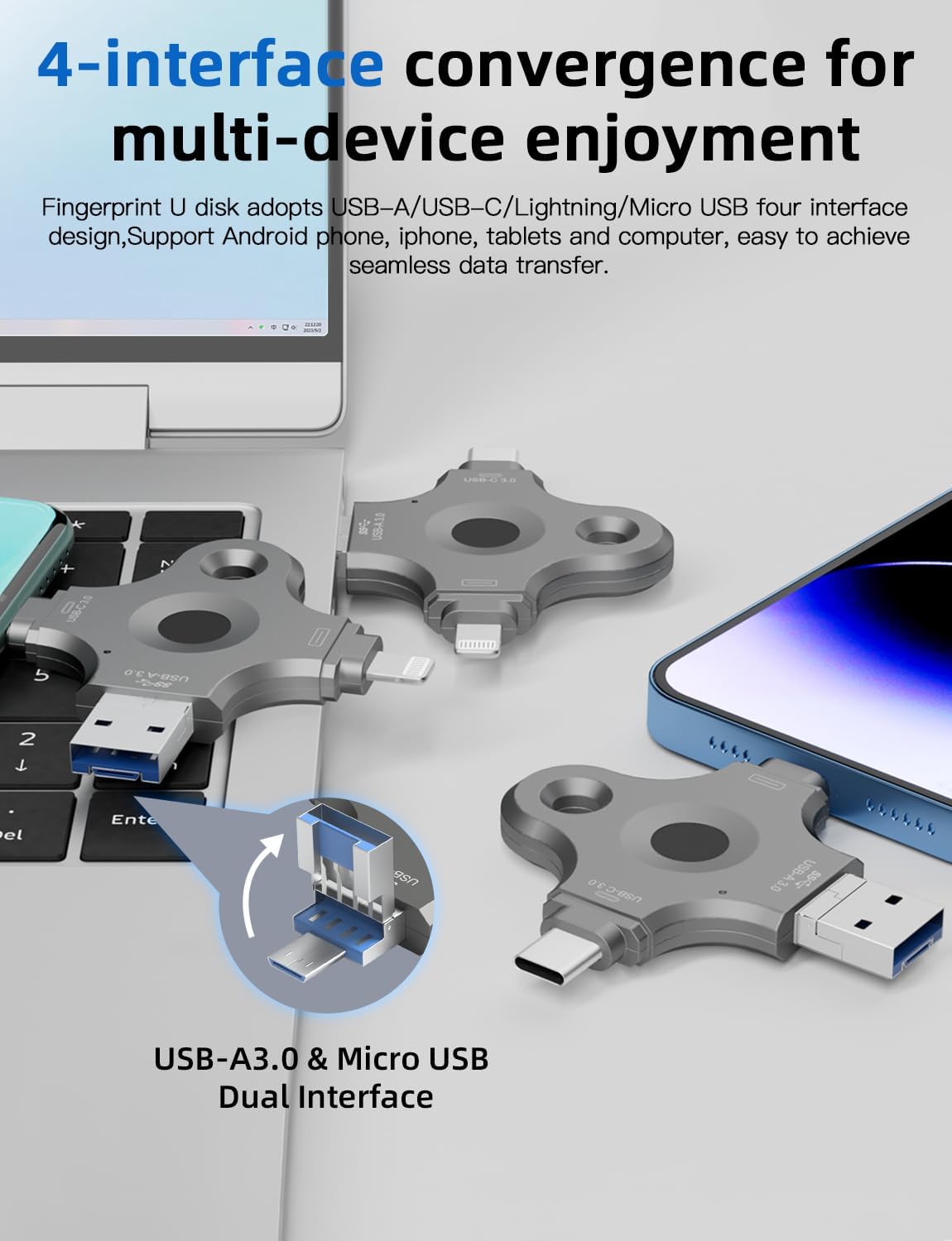 USB3.0 4-in-1 Fingerprint encrypted USB Flash Drive for iPhone USB Memory Stick Thumb Drives High Speed USB Stick,Photo Stick External Storage for iPhone/iPad/Android/PC