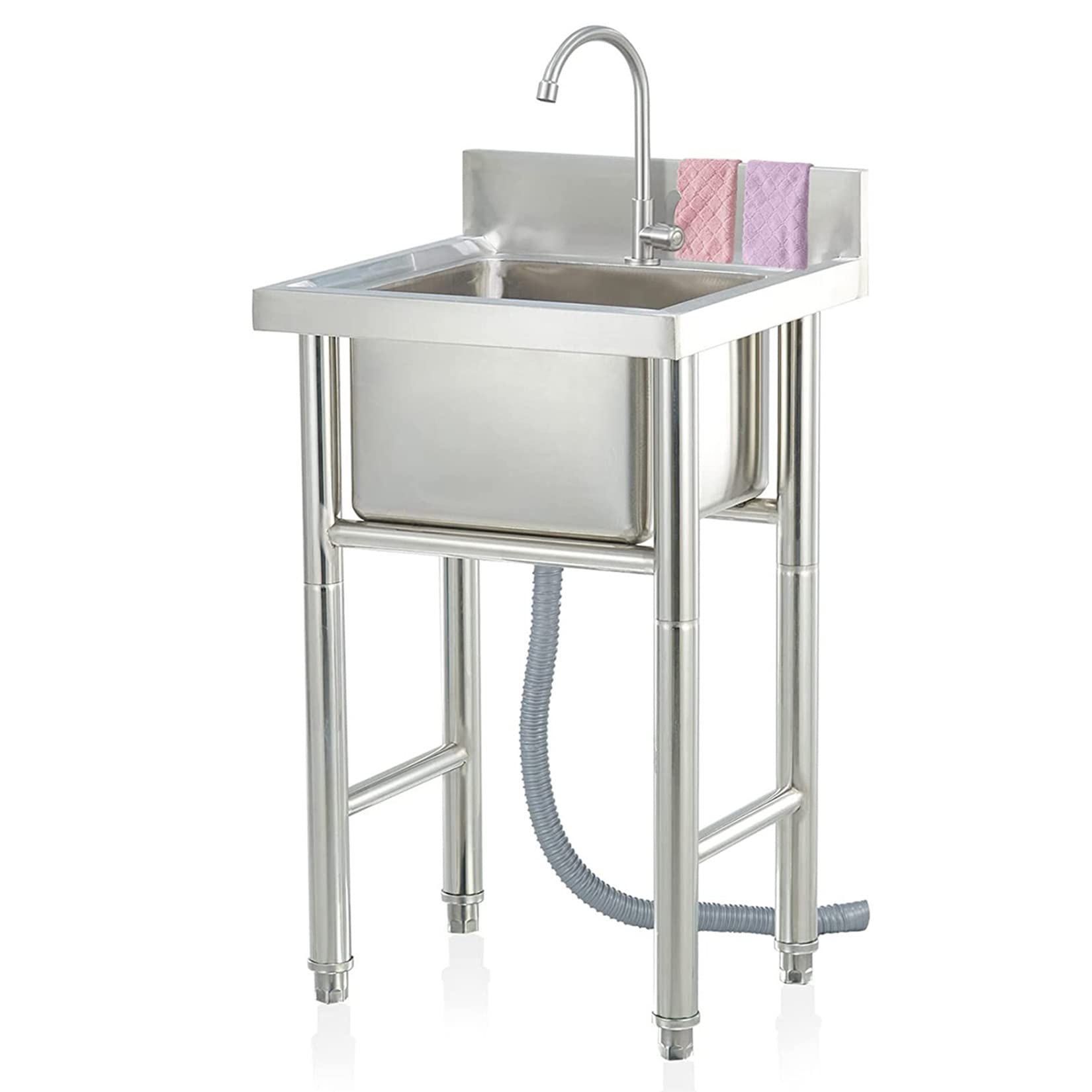 HCZKIUJY Kitchen Utility Sink,Single Bowl 1 Compartment Commercial Kitchen Sink Bowl, 304 Stainless Steel Freestanding Utility with Faucet, H+ Wash for Indoor + Outdoor (60x60x80cm)