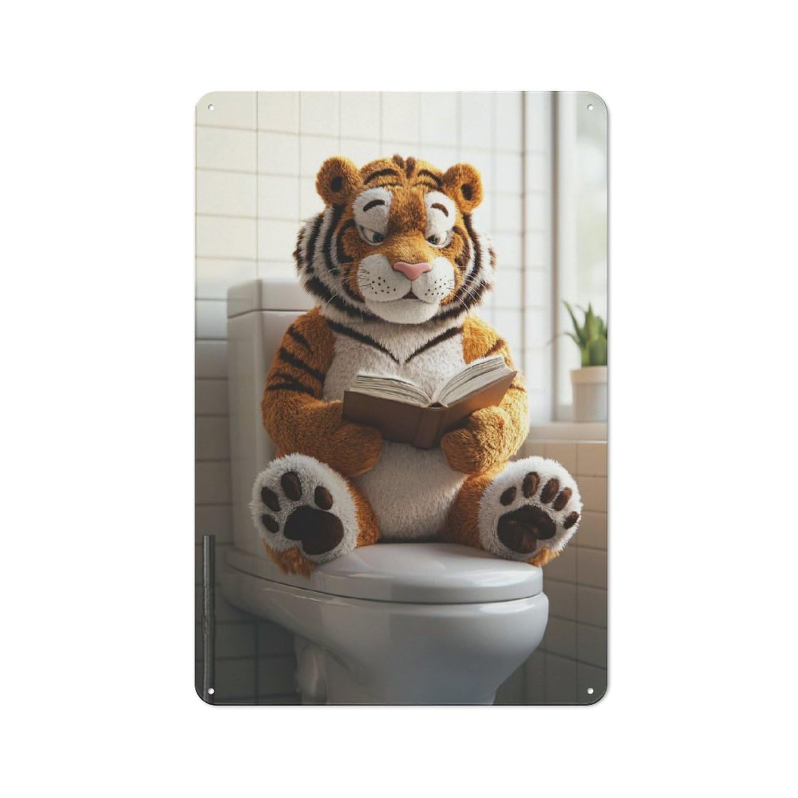 Tiger Reading on Toilet Clean Industrial Metal Wall Decor 30x20cm, Decorative Metal Plaque for Workspace, Cafe, Hallway Or Garage