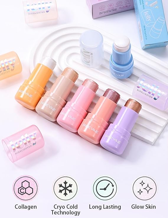 Jelly Highlighter Stick, Face Glow Sticks with Watery Radiant Finish, Easy Blend & Long Lasting, Multi-Use Cream Highlighter Makeup 6 Colors