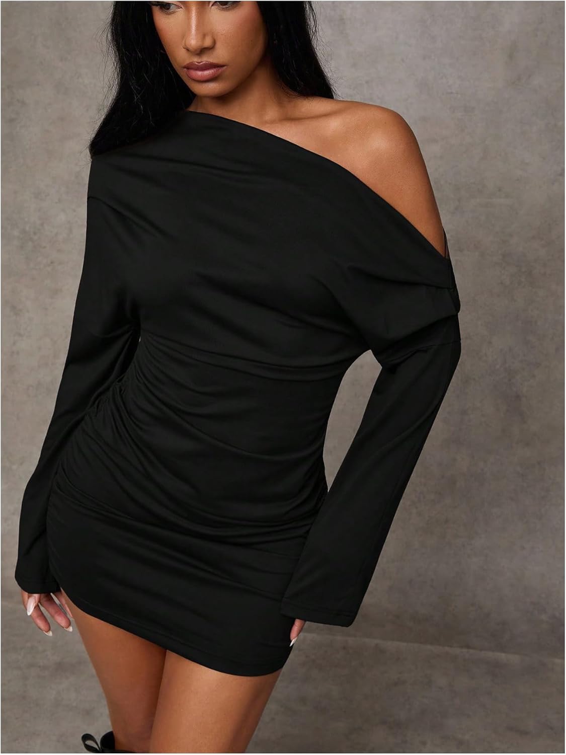 Milumia Women's Off The Shoulder Long Sleeve Mini Dress Sexy Ruched Bodycon Party Short Dress