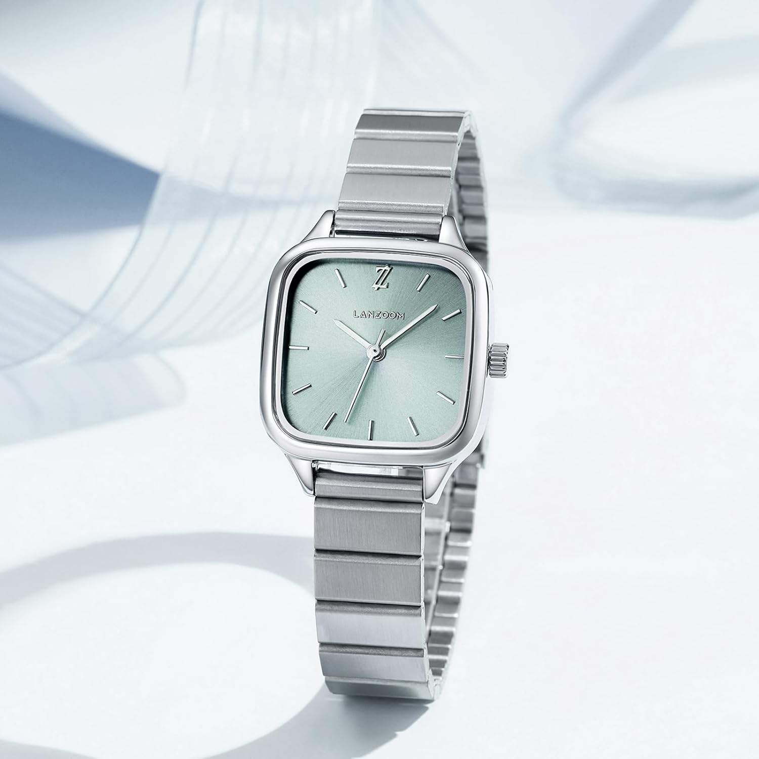 LANZOOM Women’s Square Watch Light Green Dial with Silver Stainless Steel Strap, Minimalist Luxury Design, 3ATM Waterproof, Elegant Silver Dress Watch for Women - Image 5