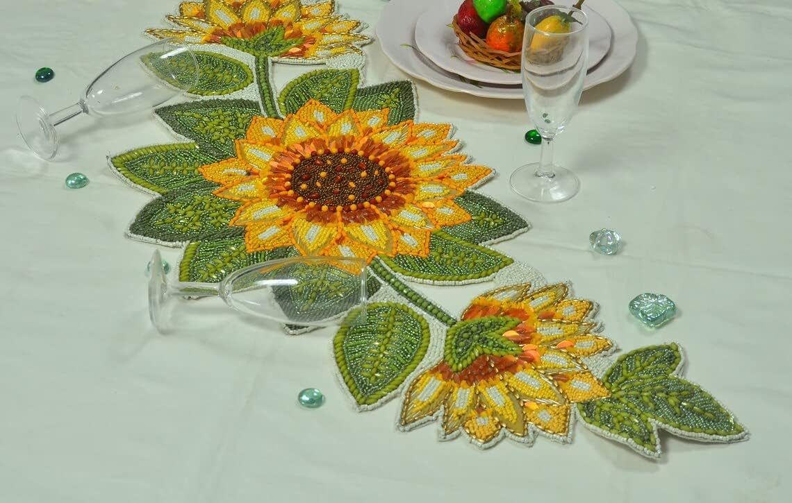 Sunflower Table Runner, Handmade Beaded Table Runner, Designer Table Topper 13X36 Inch