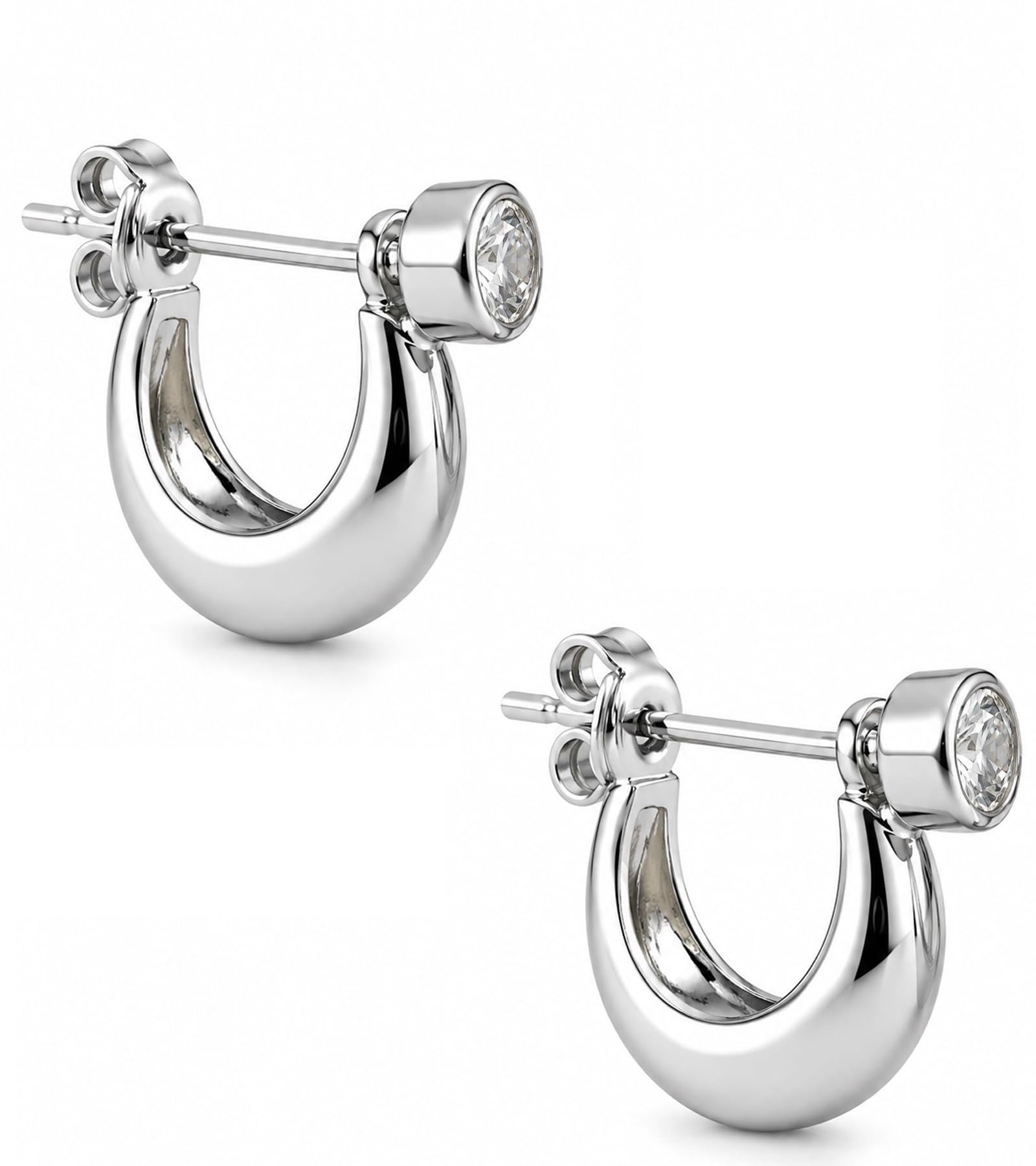 vama FASHIONS 18K Silver Plated Anti Tarnish White Crystal Stone Hypoallergenic Round Plain Kaju Bali Stud Lightweight Earring Huggie Hoop Ear Ring Piercings For Mens-picture-35