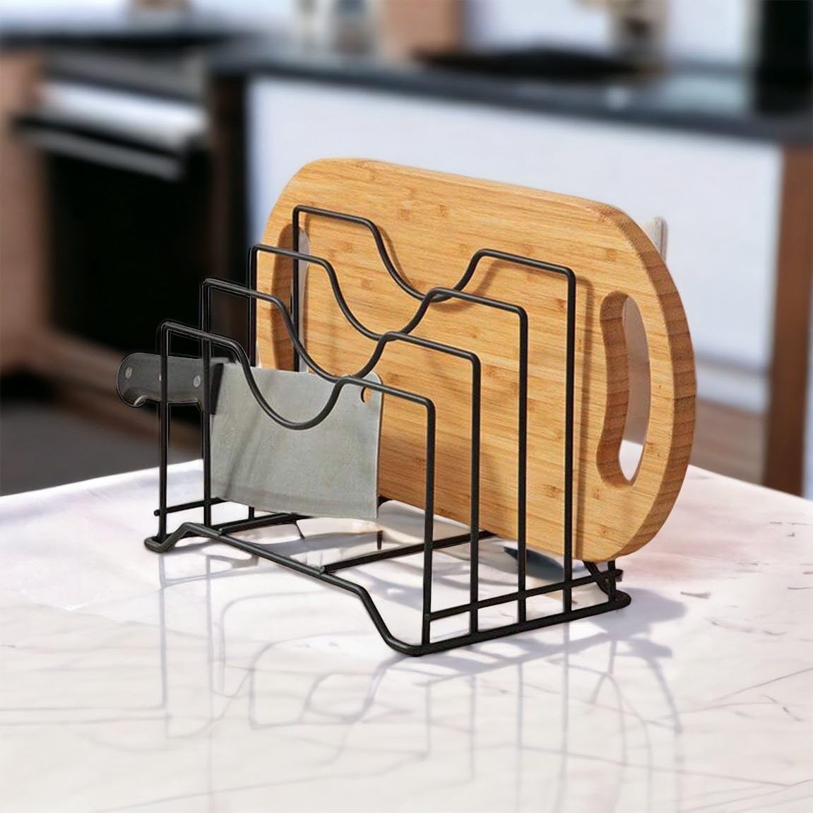 Iron Pan Pot & Lid Rack Holder, 4-Slot Free-Standing Kitchen Organizer for Cookware Lids | Space-Saving Tiered Shelf, Medium Size (L 9 x W 7 x H 8.5 Inches)