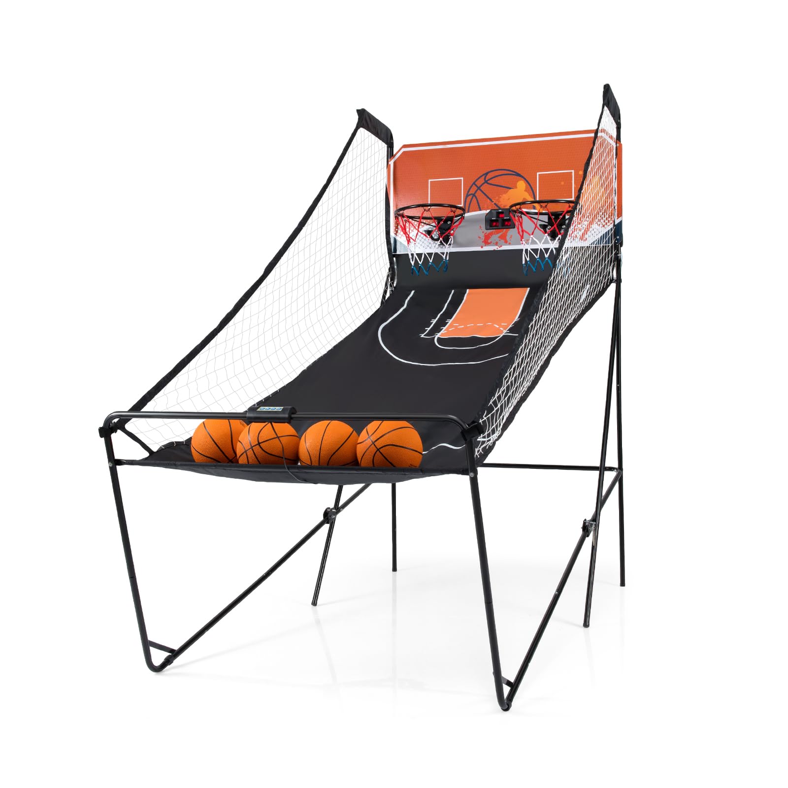 GYMAX Juego Arcade de Baloncesto Plegable, Máquina de Tiro de Baloncesto con 8 Tipos de Juego, Marcador Electrónico, Sonido, 4 Balones, 2 Aros, Bomba, Juguete de Canasta Doble para Adultos Niños
