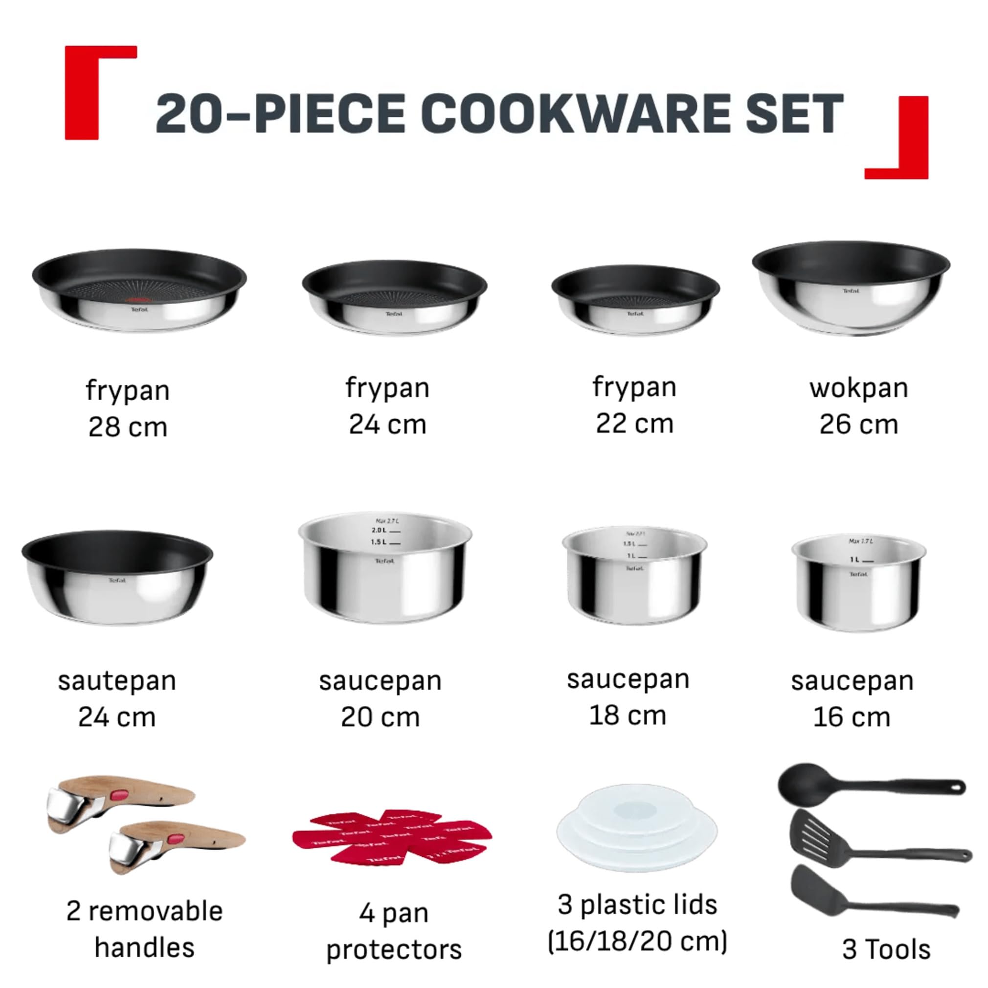 Tefal Comfort Max, Batterie de cuisine 20 pièces, Poêles et casseroles empilables, Design compact, Poignée amovible, L966SK44