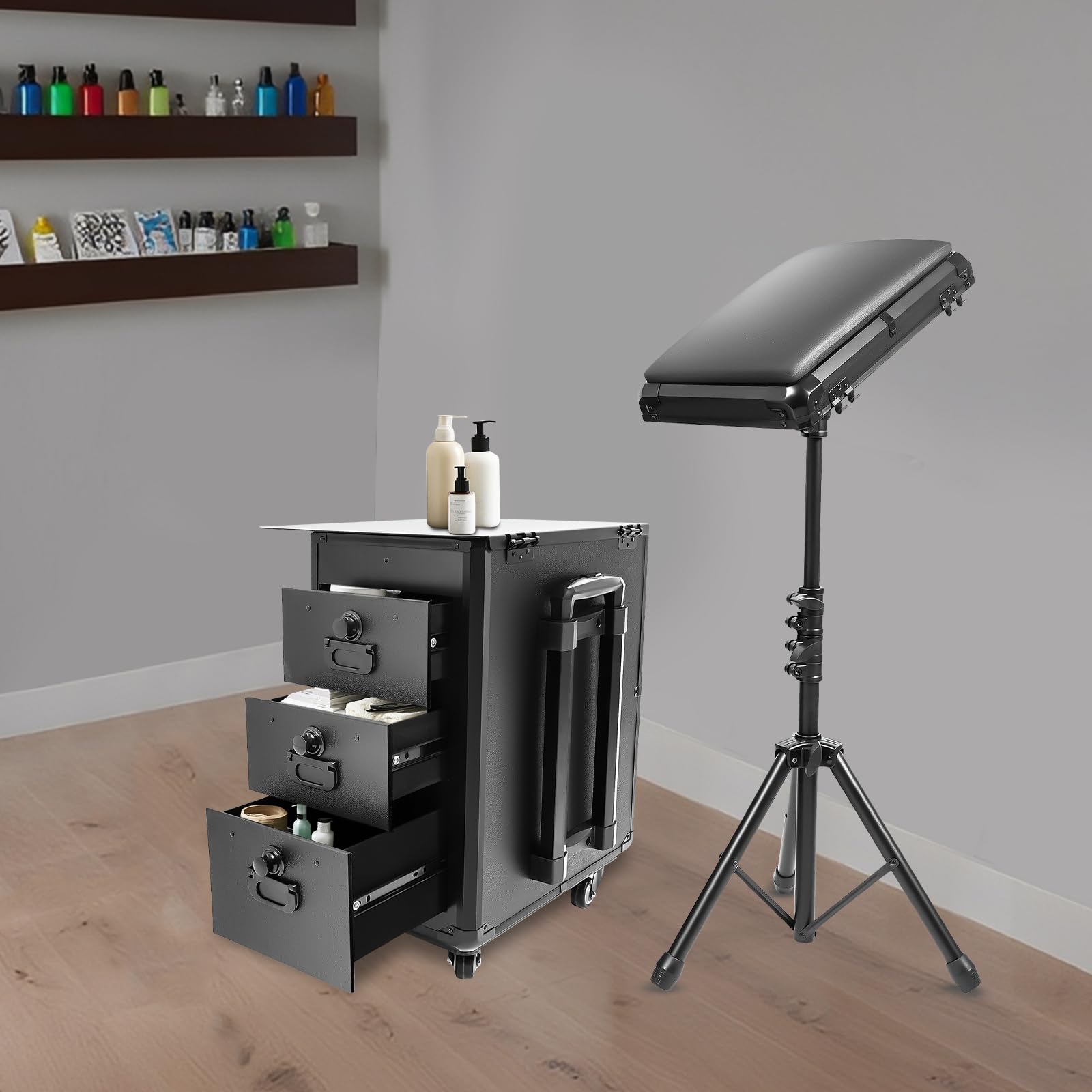 Tattoo Koffer Schminkkoffer mit 3 Schubladen, Zahlenschloss & Arbeitsplatte, Friseurkoffer Kosmetikkoffer Multifunktionaler Beauty Aufbewahrungsbox für Tattoo Zubehör Kosmetik Friseurzubehör