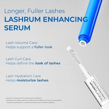 Seapuri Lashrum Eyelash Enhancing Serum | Lash Growth Serum with Caffeine, Peptide & Biotin | for Longer, Fuller Lashes | Dual Brush for Precise & Full Application | Non-Irritating, Daily Use