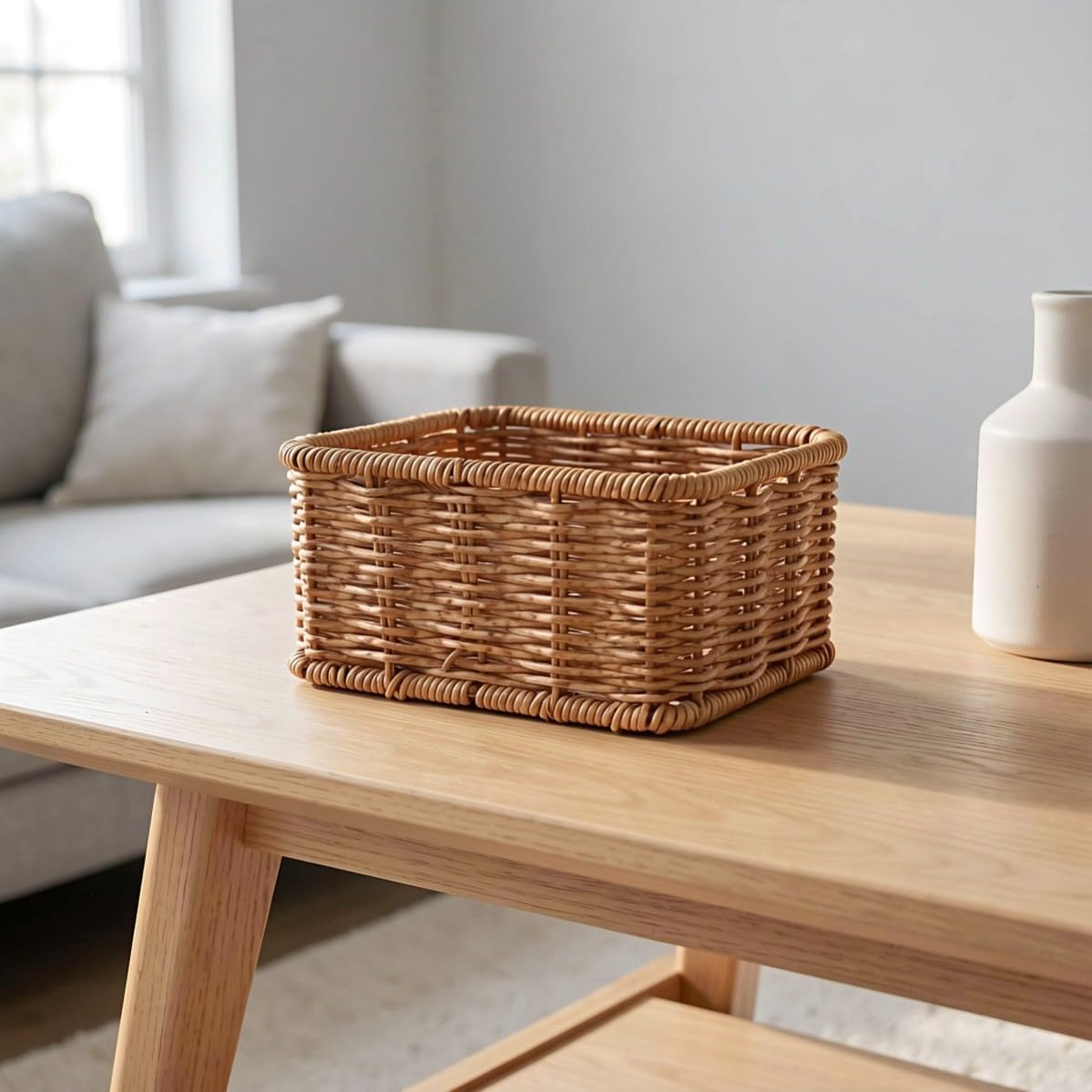 Khaki Rectangular Woven Plastic Storage Basket for Books and Magazines