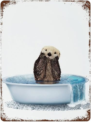 Letrero de hojalata vintage con estampado de nutria marina para baño, arte de pared de bañera costera, divertido letrero náutico para cuarto de