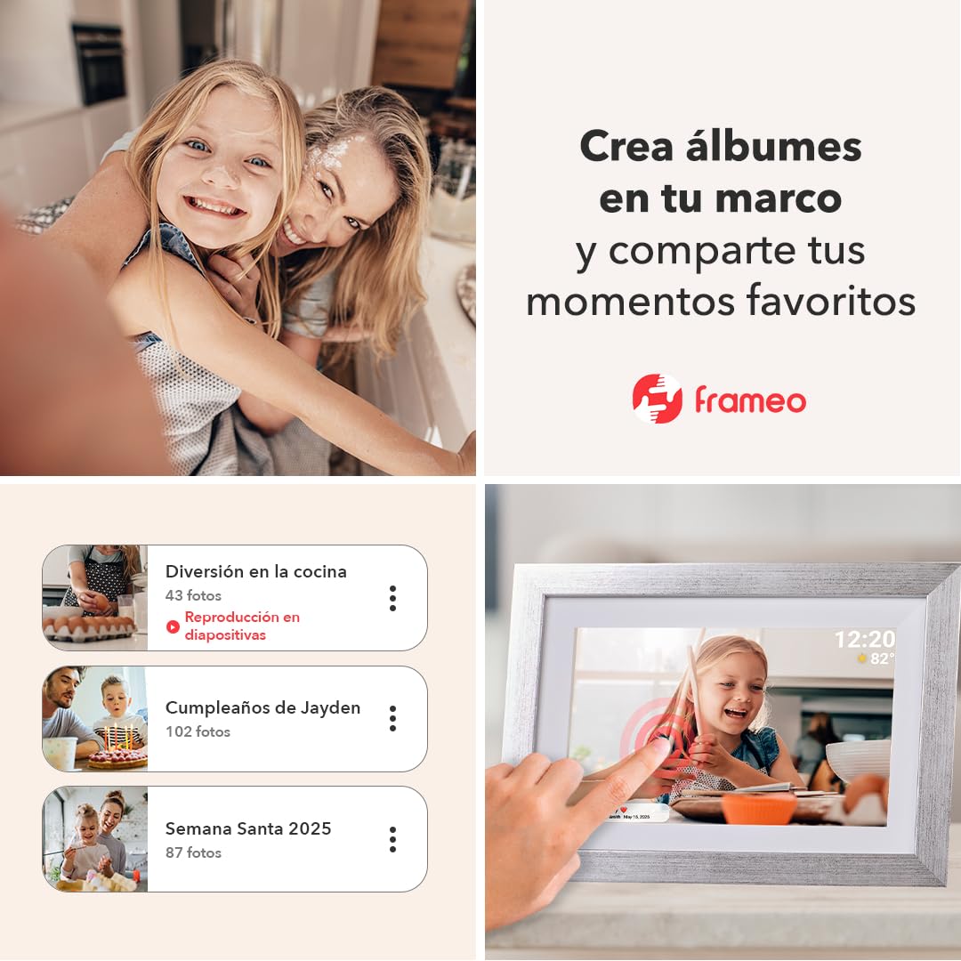 Marco de Fotos Digital WiFi Moldura Digital en Madera Natural 32GB Digital Photo Frame Pantalla Táctil IPS 10.1” Rotación Automática Soporte USB/SD Marco Digital Comparte Fotos con Frameo (Plata)