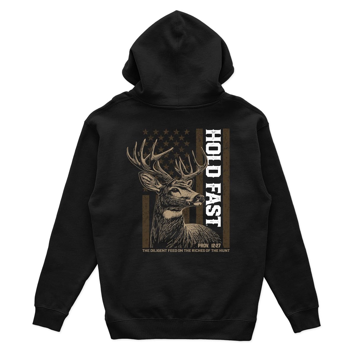HOLD FAST Men's Pullover Hoody Sweatshirt With Fleece Interior and Back Graphic Cotton and Polyester Deer Flag Black