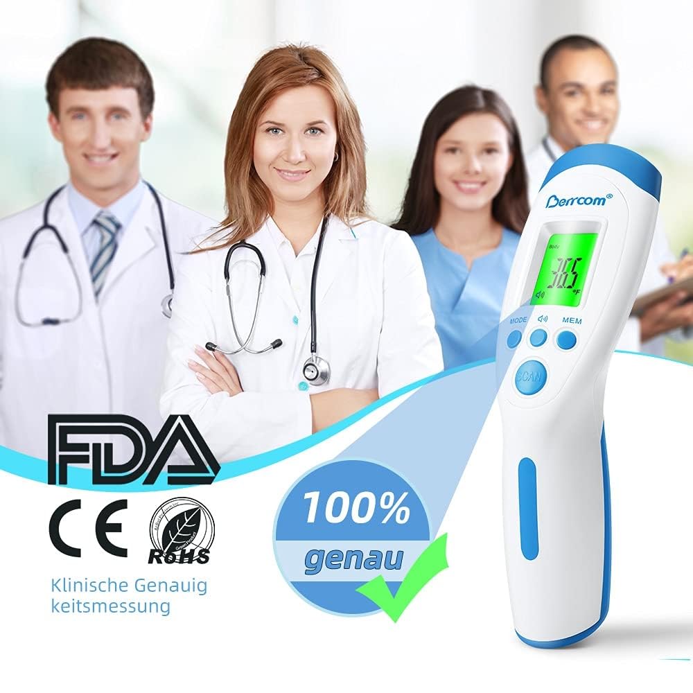 Berrcom Thermomètre infrarouge numérique frontal sans contact Thermomètre avec lecture instantanée Alarme de fièvre 3 couleurs Interrupteur °C/°F