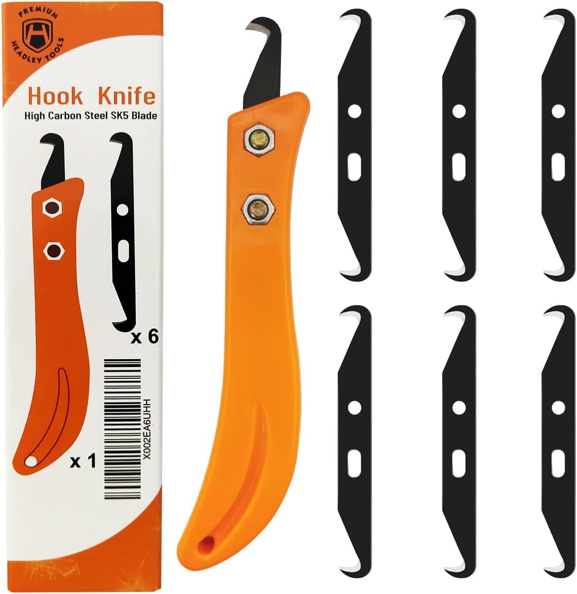 Headley Tools Hook Blade Utility Knife, Golf Grip Removal Tool Hook Knife with Blades for Regripping Golf Clubs, Golf Club Grip Hook Blade Knife Orange (7pcs Hook Blades, 1pcs Hook Knife Handle)