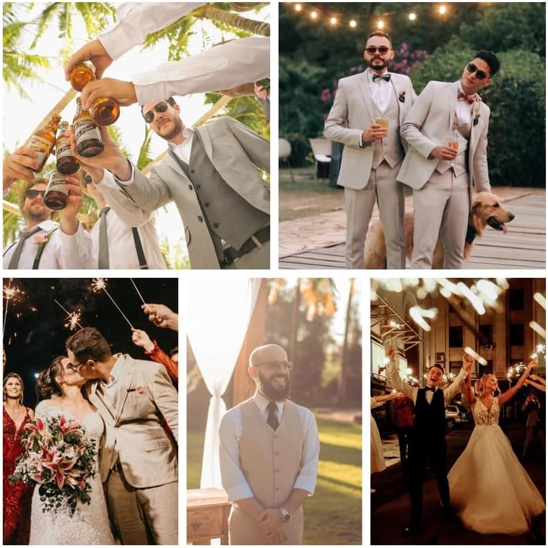 MAGE MALE Men's Linen 2 Piece Suit Slim Fit Wedding Groomsmen Summer Vest Pants Set with Pocket Square - Image 4