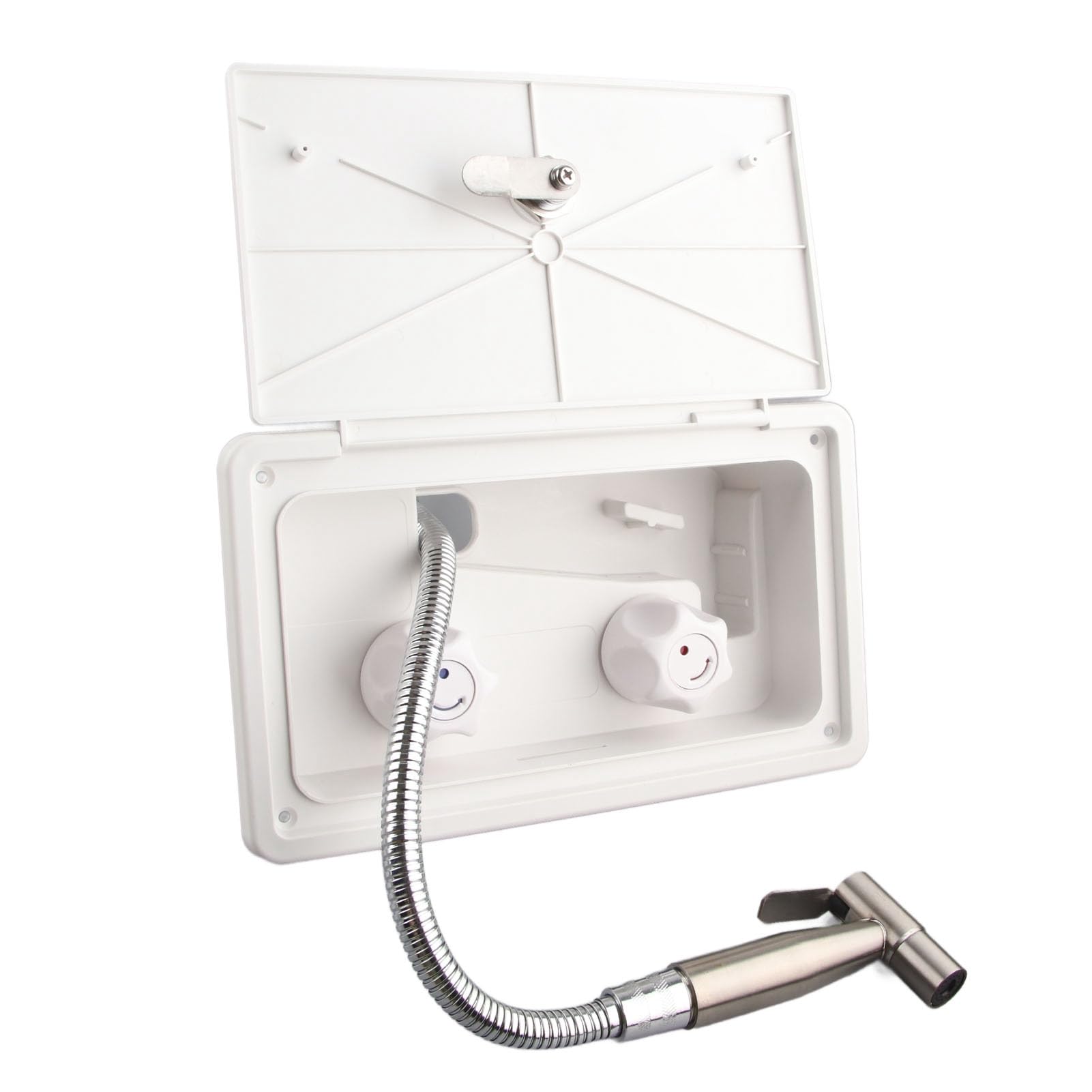 Aramox Juego de ducha exterior para caravana, remolque, caja de ducha exterior, manguera de metal de 1,5 m, caja de pulverización para lavado exterior, color con tubos de metal