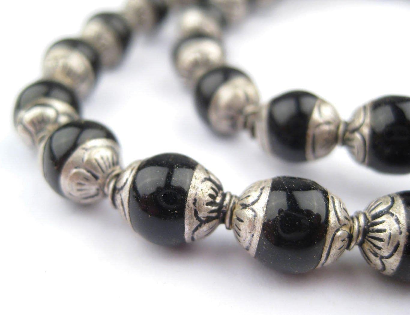 The Bead Chest Capped Onyx with Silver Gemstone Beads, Full Strand of Round Nepalese Stone Beads, Great for DIY Jewelry Necklace & Bracelet Making