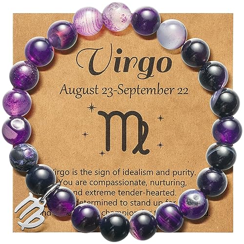 WATINC Constellation Zodiac Bracelet, Birthday Gifts for Women, Purple Natural Stone Astrology Bracelet with Charm Wish Card Envelop, Bracelet Jewelry for Bday