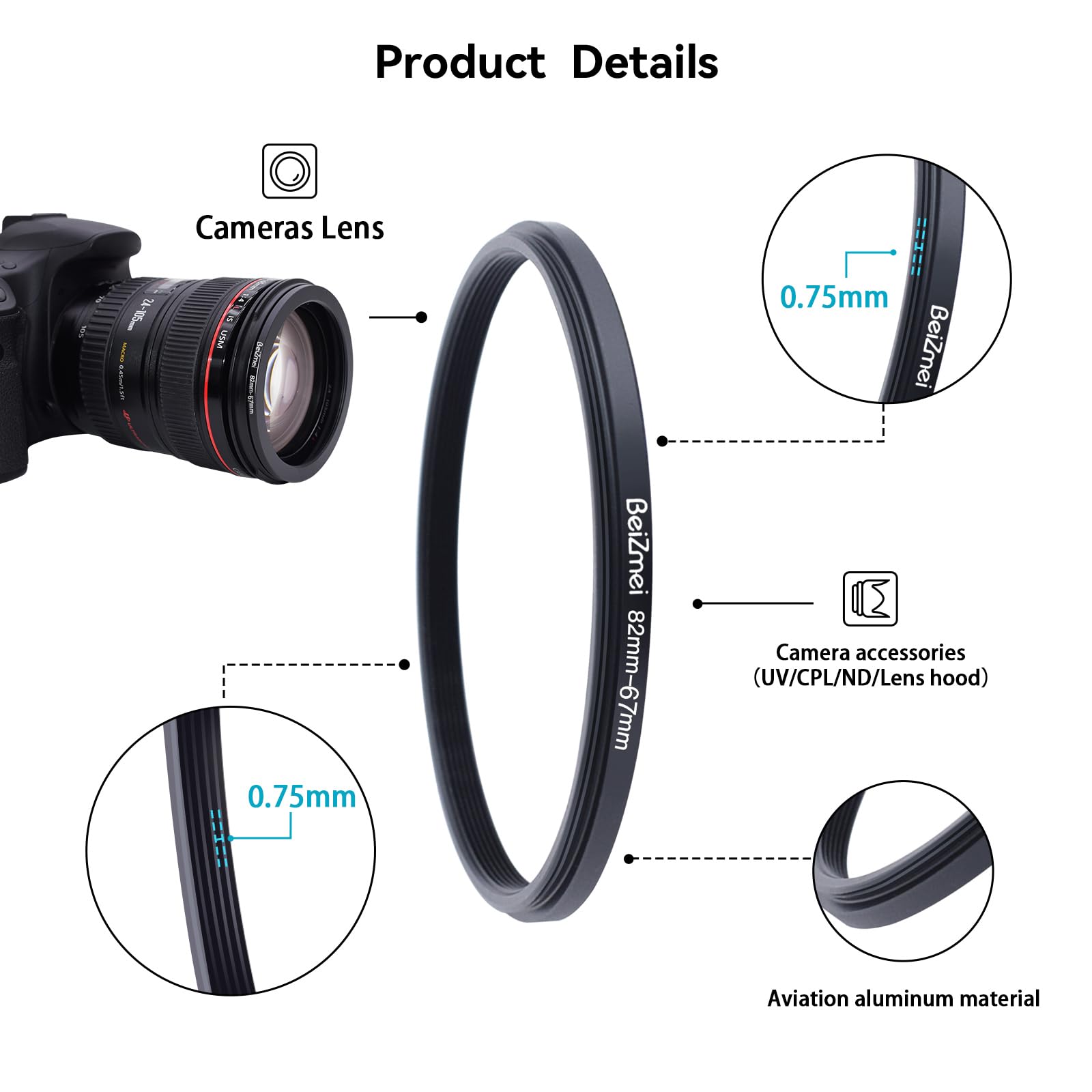 82mm a 67mm Anello adattatore per filtro da per obiettivo fotocamera con filettatura filtro da 82 mm a 67 mm su anello filtro da 67 mm
